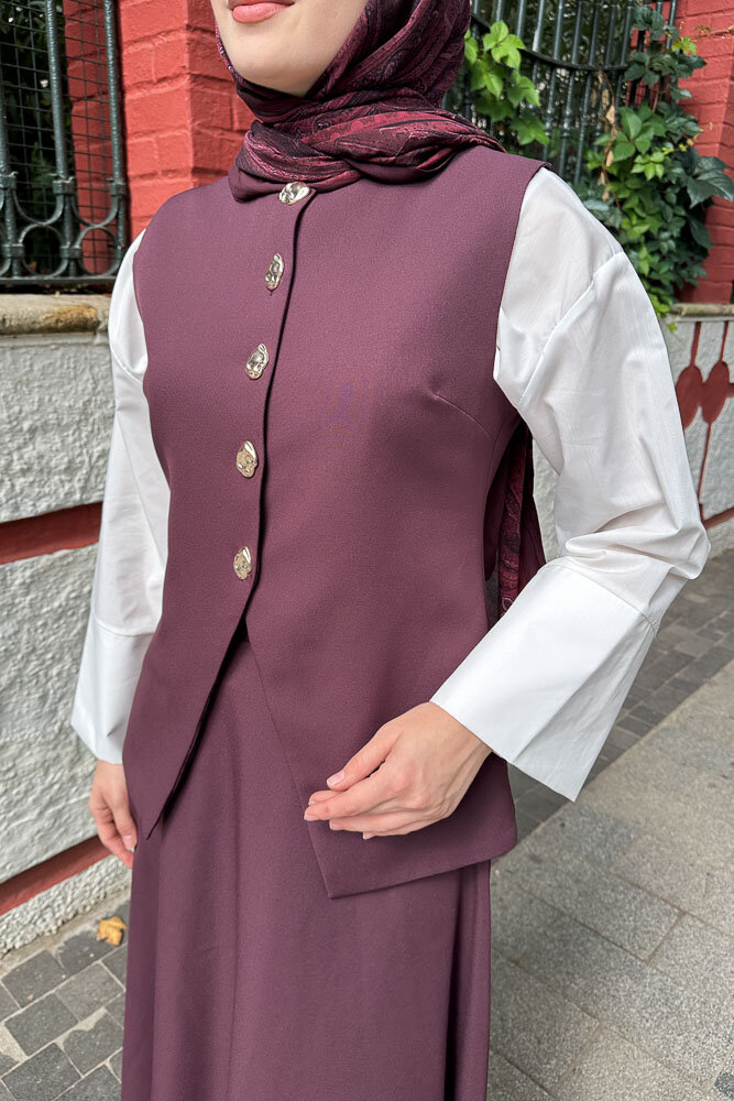 Sean Düğmeli Yelekli Takım - Bordo - 3