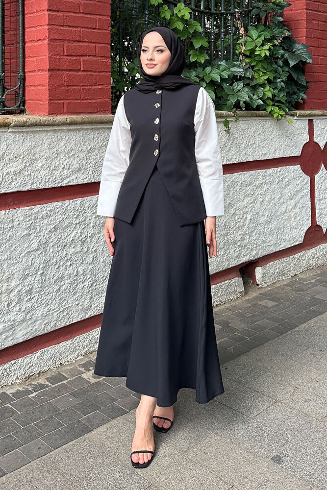 Sean Düğmeli Yelekli Takım - Siyah - 1