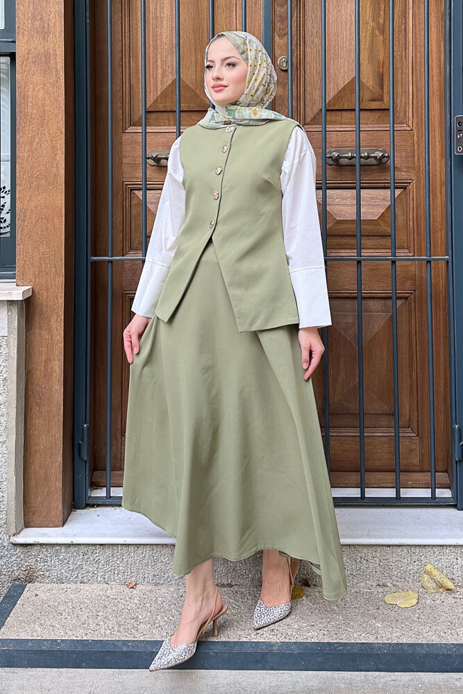 Sean Düğmeli Yelekli Takım - Yağ Yeşili - LİNE (4)