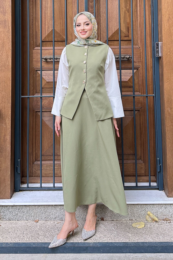 Sean Düğmeli Yelekli Takım - Yağ Yeşili - LİNE (2)