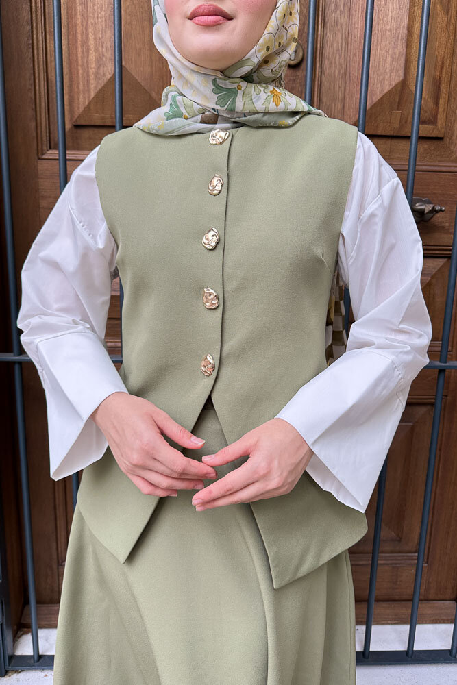 Sean Düğmeli Yelekli Takım - Yağ Yeşili - LİNE (1)