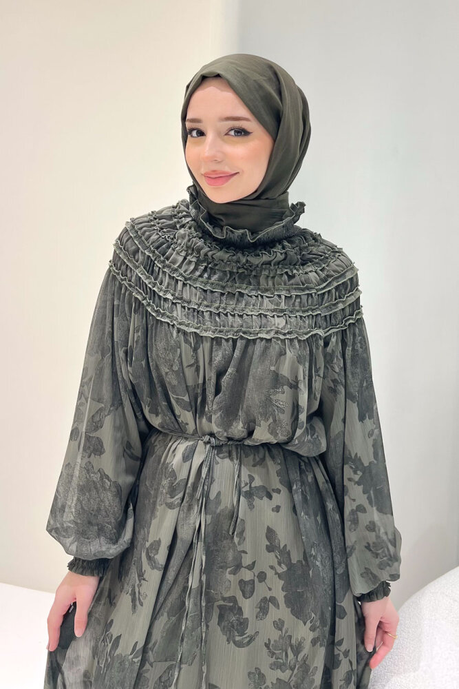 Selvera Gipeli Bağlamalı Elbise - Haki - 6