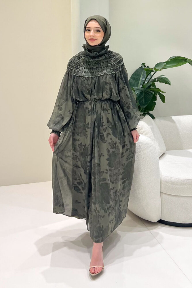 Selvera Gipeli Bağlamalı Elbise - Haki - 5