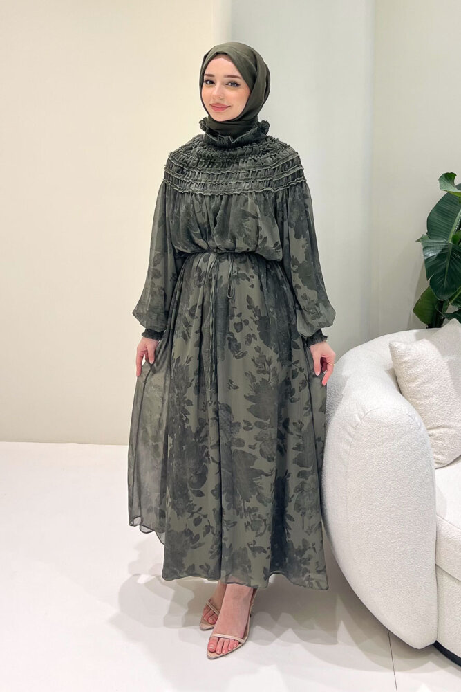 Selvera Gipeli Bağlamalı Elbise - Haki - 7