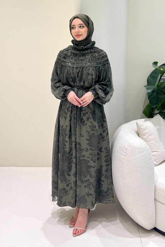 Selvera Gipeli Bağlamalı Elbise - Haki - 8