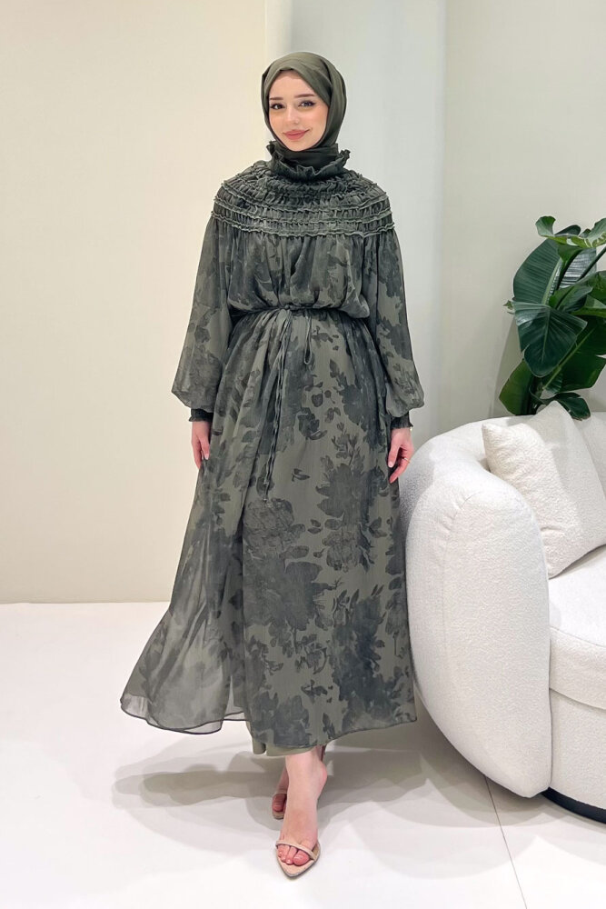 Selvera Gipeli Bağlamalı Elbise - Haki - 2