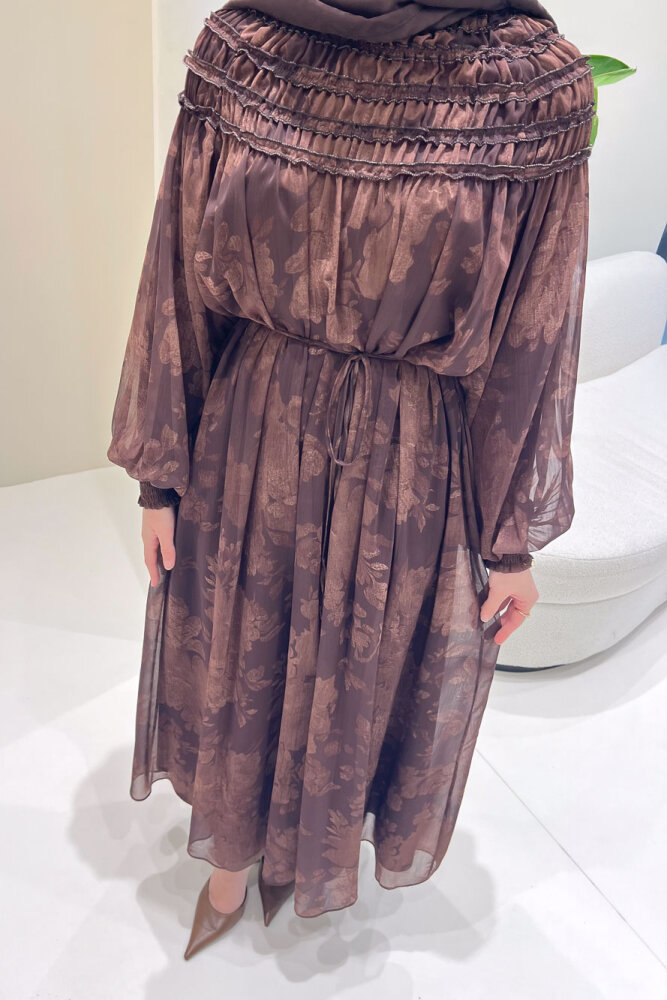 Selvera Gipeli Bağlamalı Elbise - Kahverengi - HEWES (1)