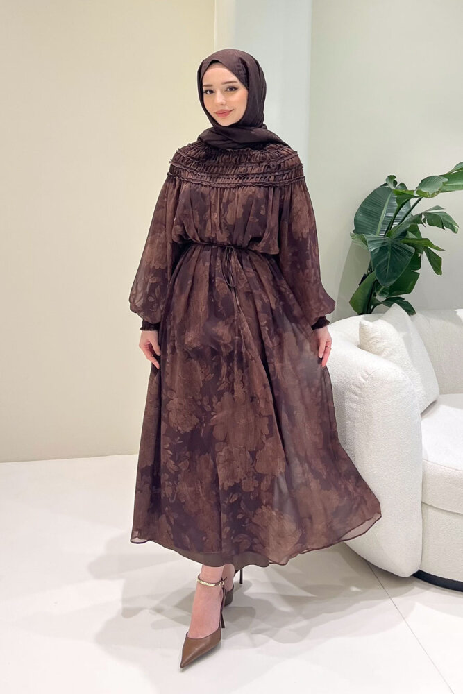 Selvera Gipeli Bağlamalı Elbise - Kahverengi - 7