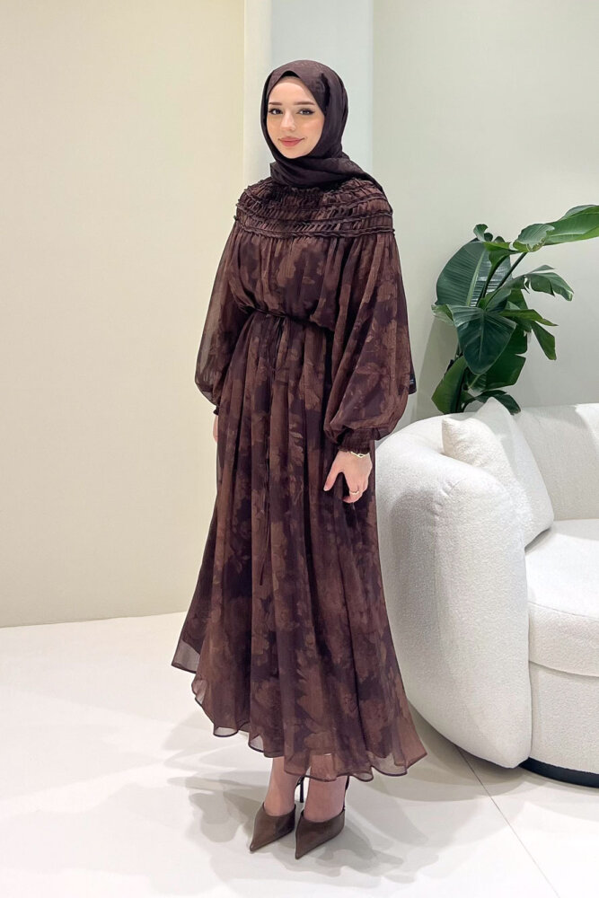 Selvera Gipeli Bağlamalı Elbise - Kahverengi - HEWES (3)