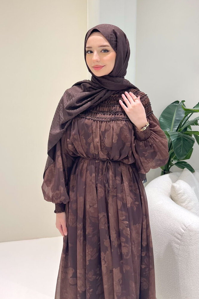 Selvera Gipeli Bağlamalı Elbise - Kahverengi - 6