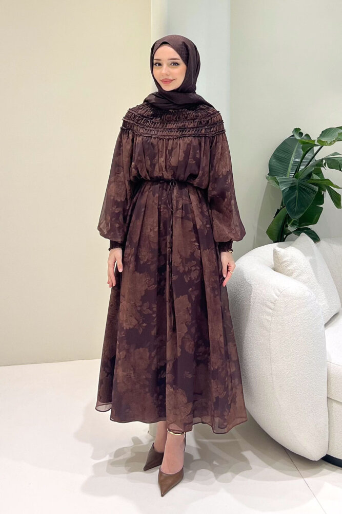 Selvera Gipeli Bağlamalı Elbise - Kahverengi - 4