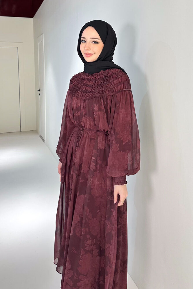 Selvera Gipeli Bağlamalı Elbise - Mürdüm - 6