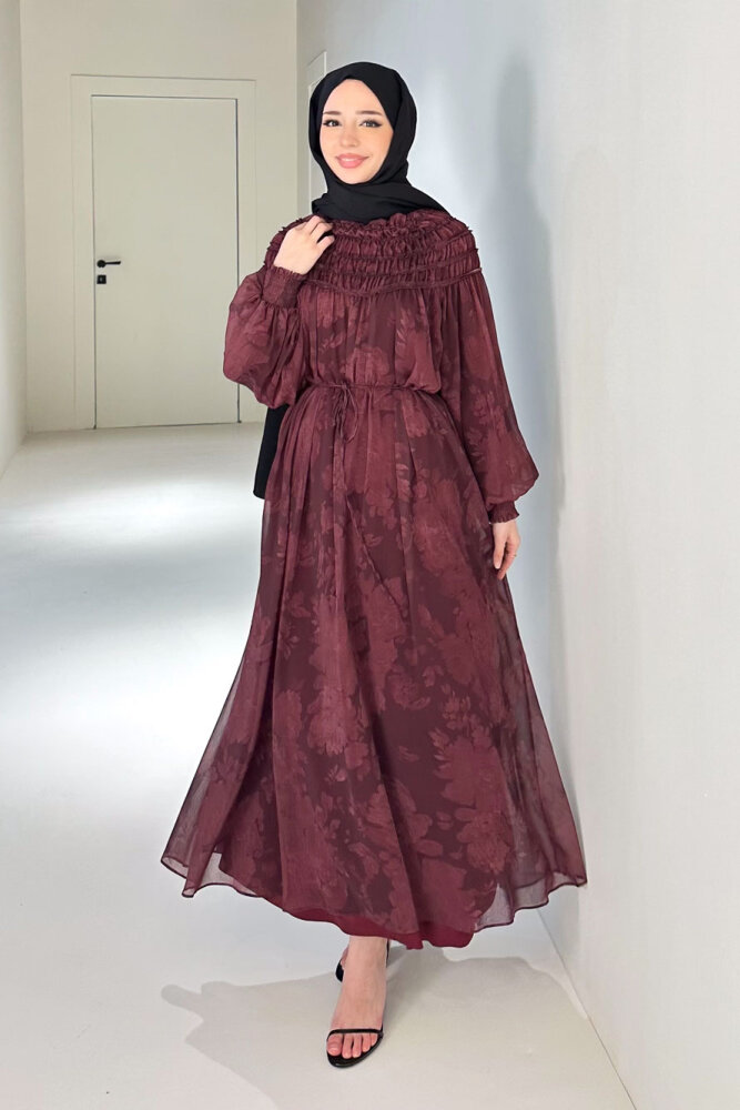 Selvera Gipeli Bağlamalı Elbise - Mürdüm - 5