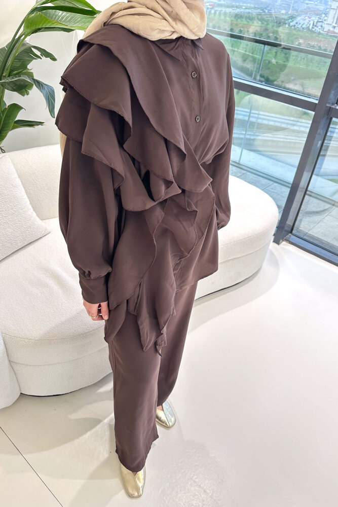 Chic Volan Detaylı Pantolon Takım - Kahverengi - 3