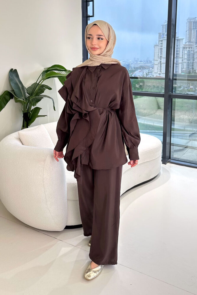 Chic Volan Detaylı Pantolon Takım - Kahverengi - 4