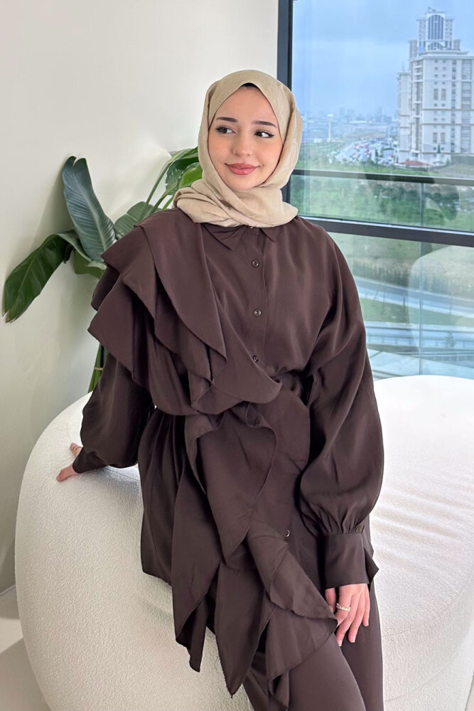 Chic Volan Detaylı Pantolon Takım - Kahverengi - 5