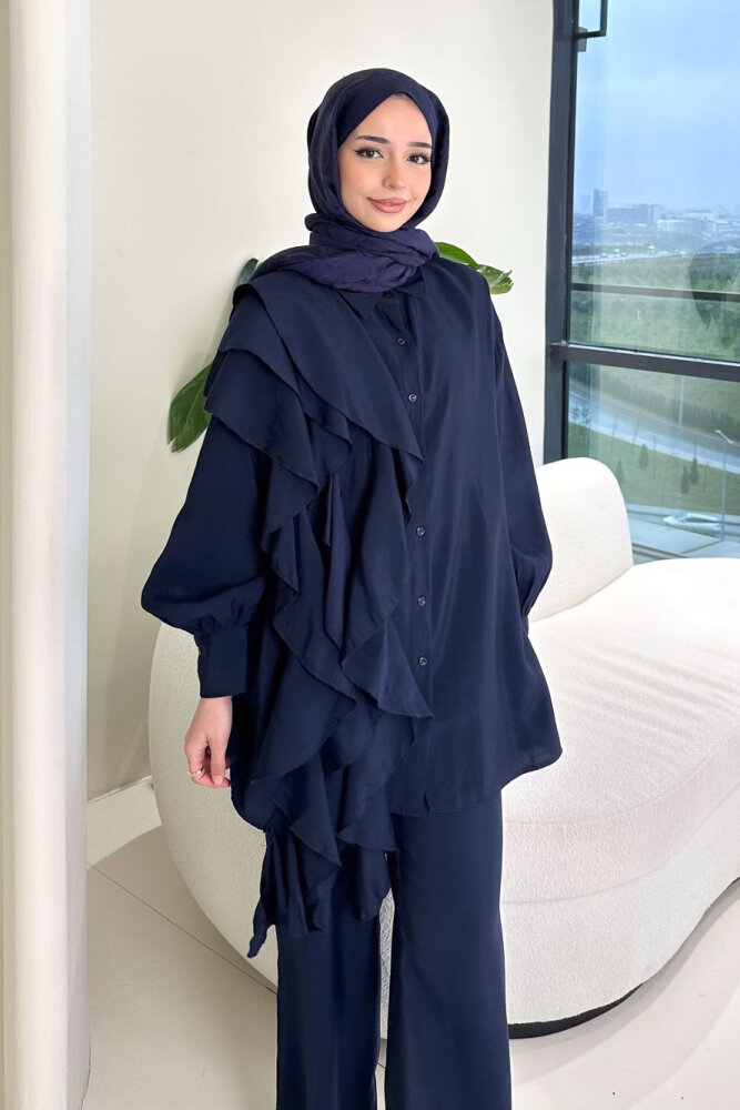 Chic Volan Detaylı Pantolon Takım - Lacivert - 7