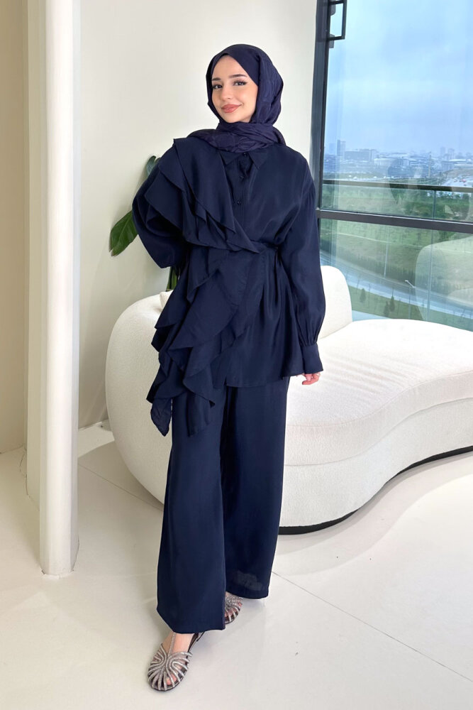 Chic Volan Detaylı Pantolon Takım - Lacivert 