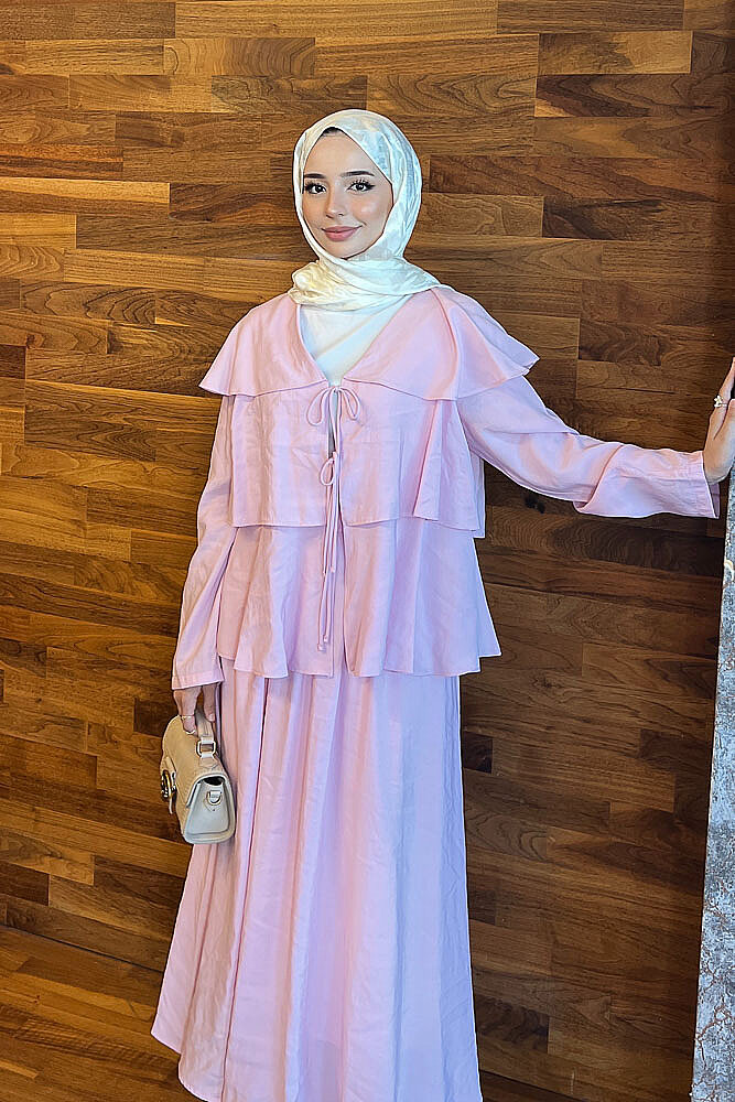 Serelia Volanlı Fiyonk Detaylı Hırkalı Etek Takım - Pembe - 5