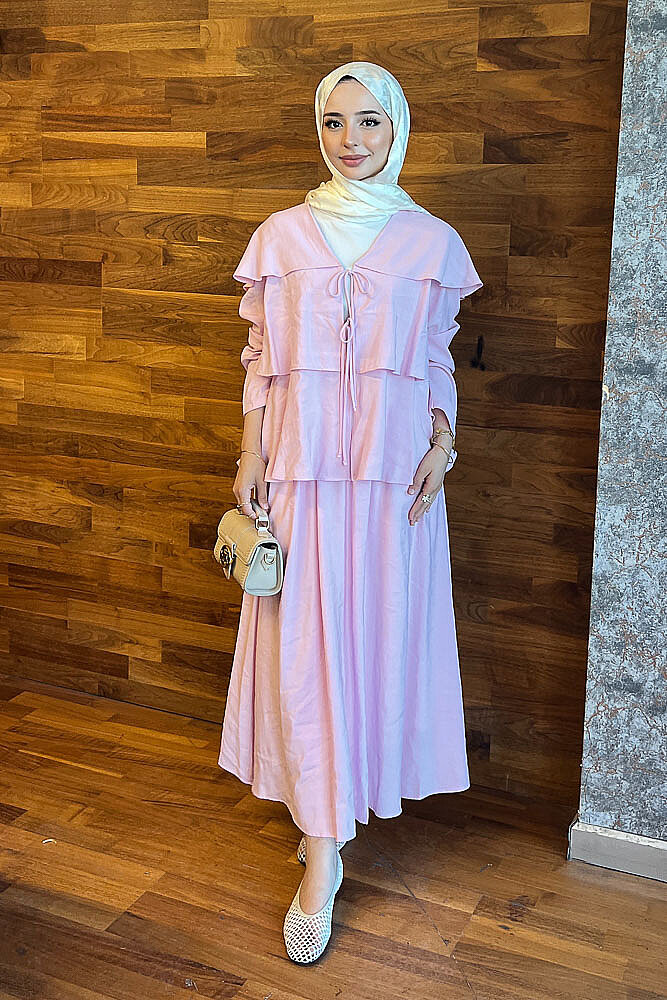 Serelia Volanlı Fiyonk Detaylı Hırkalı Etek Takım - Pembe - 4