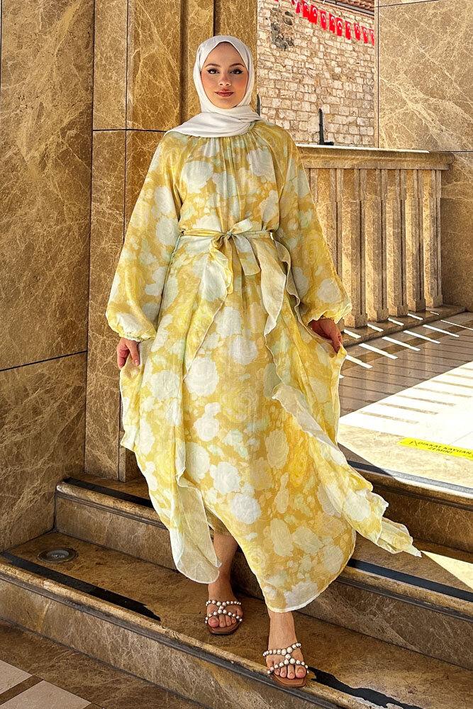 Seyyar Etekli Desenli Tül Elbise - Sarı - ENMA (0)