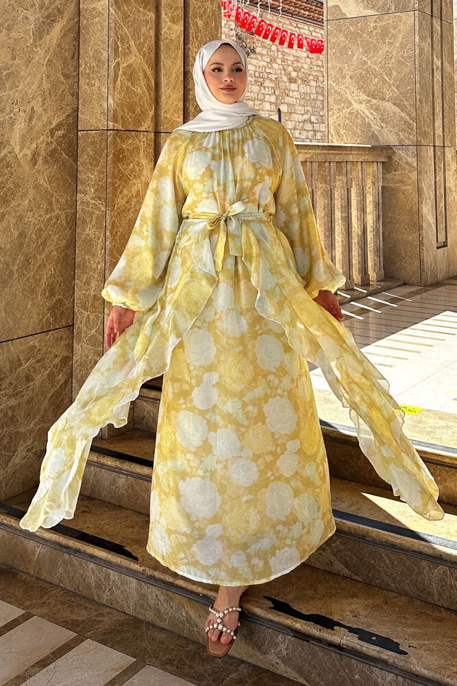 Seyyar Etekli Desenli Tül Elbise - Sarı - ENMA (2)