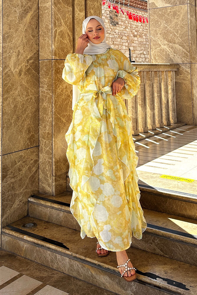 Seyyar Etekli Desenli Tül Elbise - Sarı - ENMA (5)