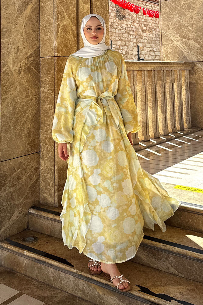 Seyyar Etekli Desenli Tül Elbise - Sarı - ENMA (1)