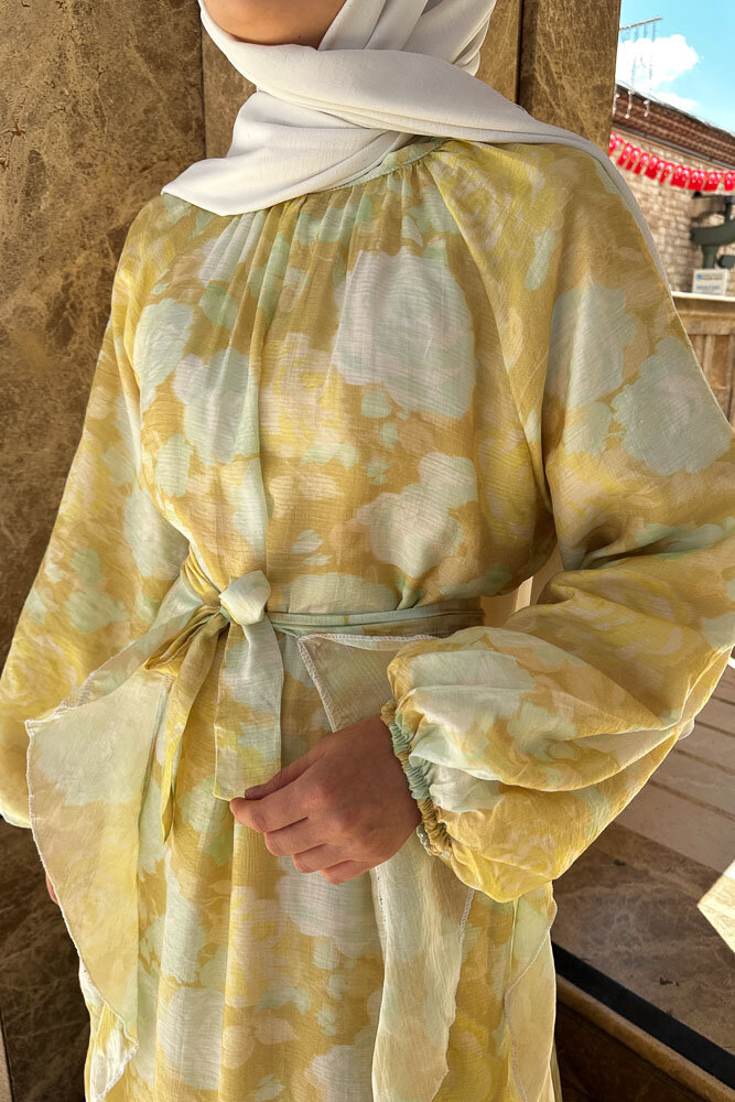 Seyyar Etekli Desenli Tül Elbise - Sarı - ENMA (4)