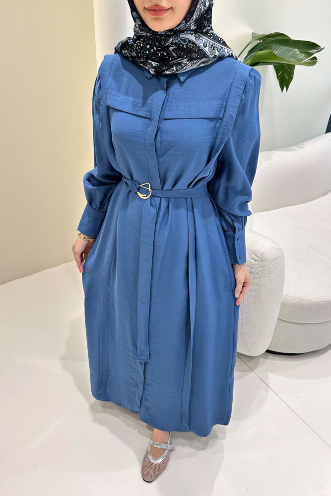 Seyyar Kemerli Pile Detaylı Elbise - İndigo - LİNE (2)