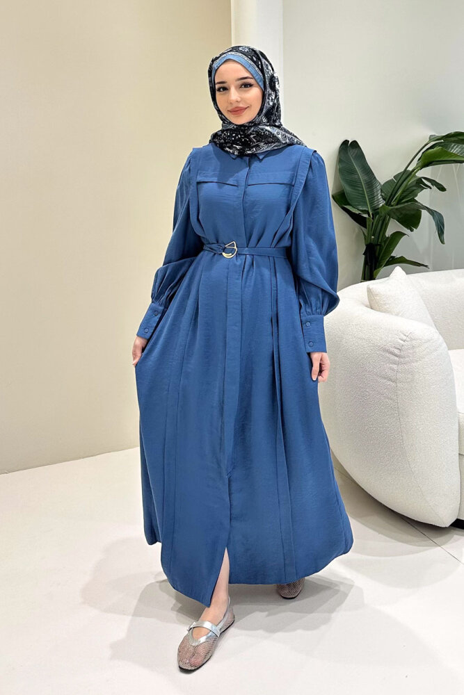 Seyyar Kemerli Pile Detaylı Elbise - İndigo - LİNE (0)