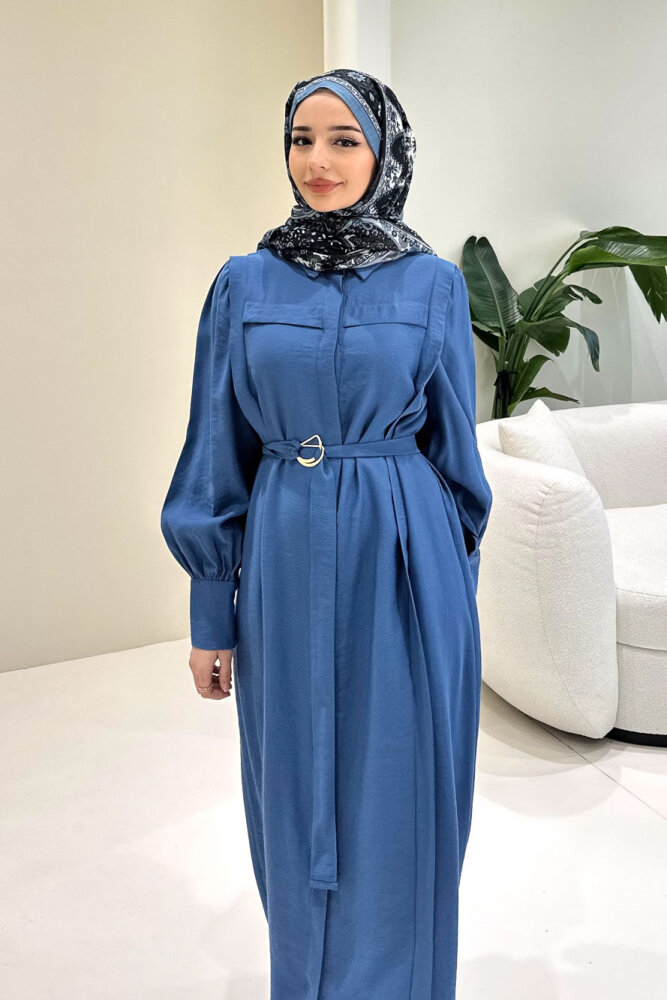 Seyyar Kemerli Pile Detaylı Elbise - İndigo - LİNE (4)