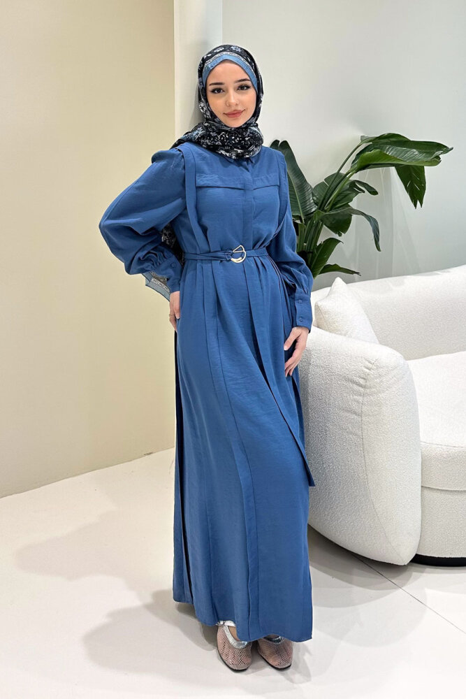 Seyyar Kemerli Pile Detaylı Elbise - İndigo - LİNE (5)