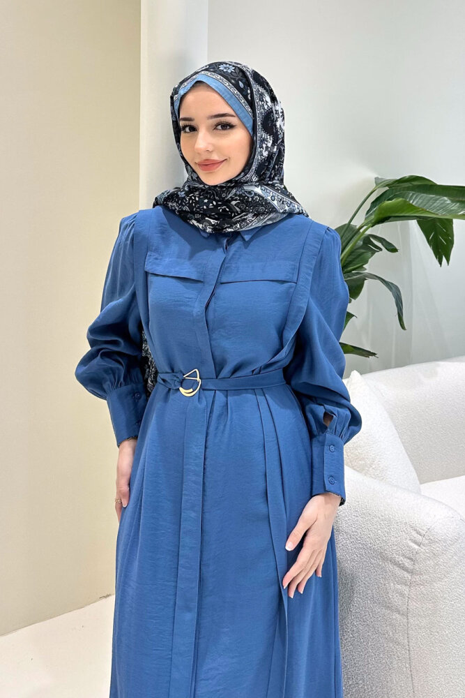 Seyyar Kemerli Pile Detaylı Elbise - İndigo - LİNE (1)