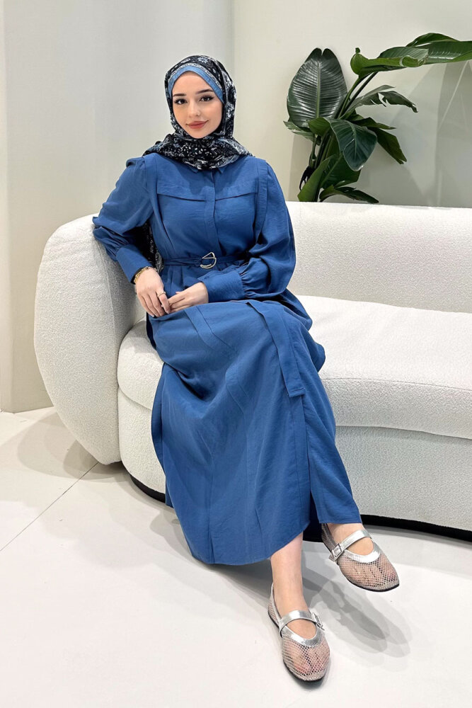 Seyyar Kemerli Pile Detaylı Elbise - İndigo - LİNE (3)