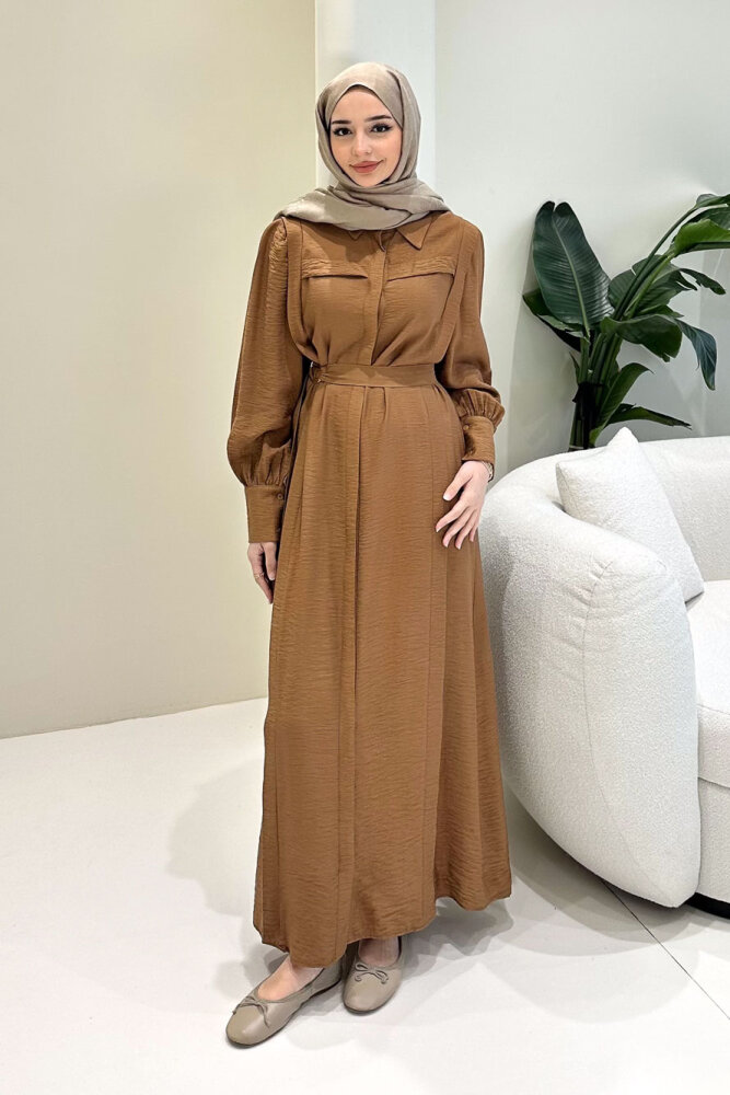 Seyyar Kemerli Pile Detaylı Elbise - Kahverengi - LİNE (2)