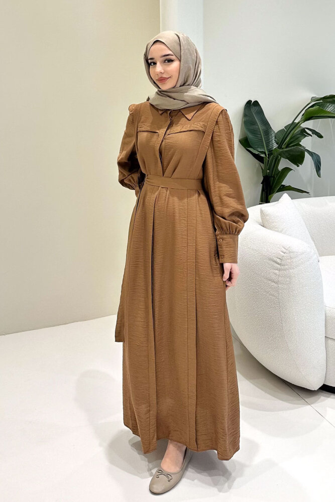 Seyyar Kemerli Pile Detaylı Elbise - Kahverengi - LİNE (4)
