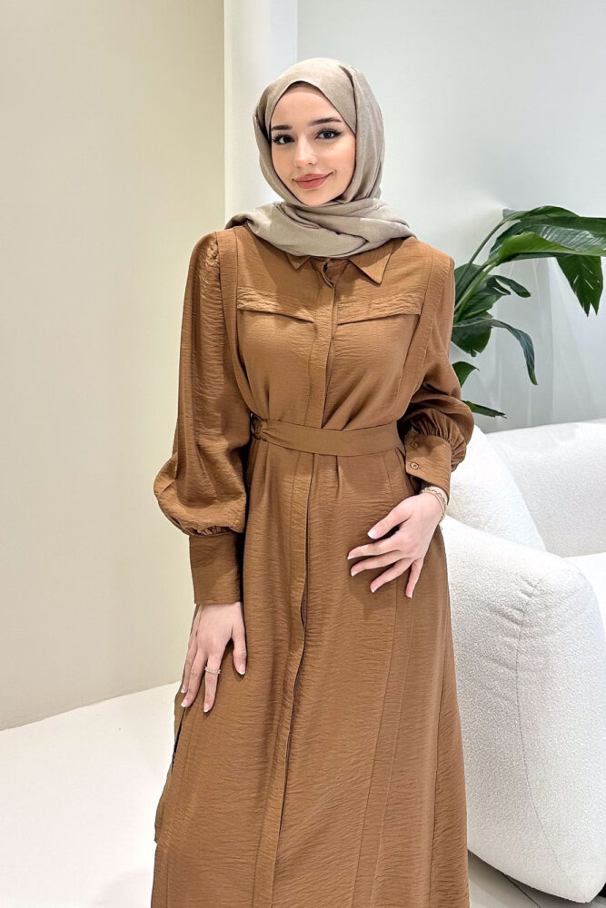 Seyyar Kemerli Pile Detaylı Elbise - Kahverengi - LİNE (5)