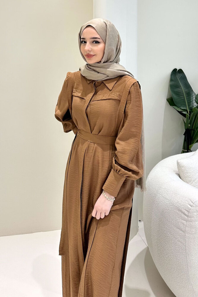 Seyyar Kemerli Pile Detaylı Elbise - Kahverengi - LİNE (1)