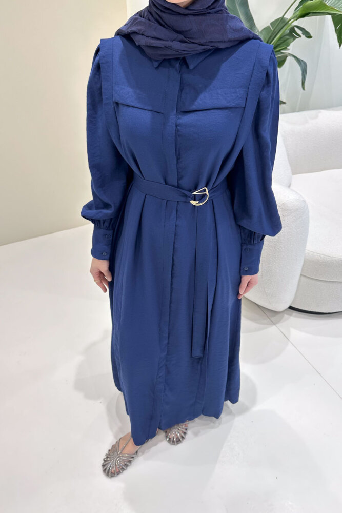 Seyyar Kemerli Pile Detaylı Elbise - Lacivert - LİNE (2)