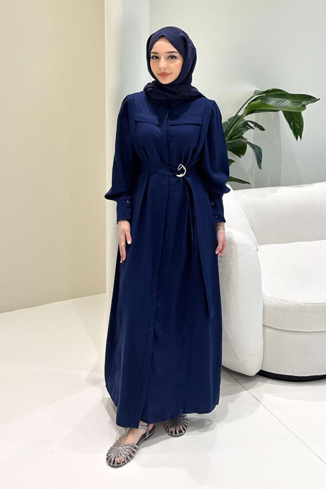 Seyyar Kemerli Pile Detaylı Elbise - Lacivert - LİNE (3)