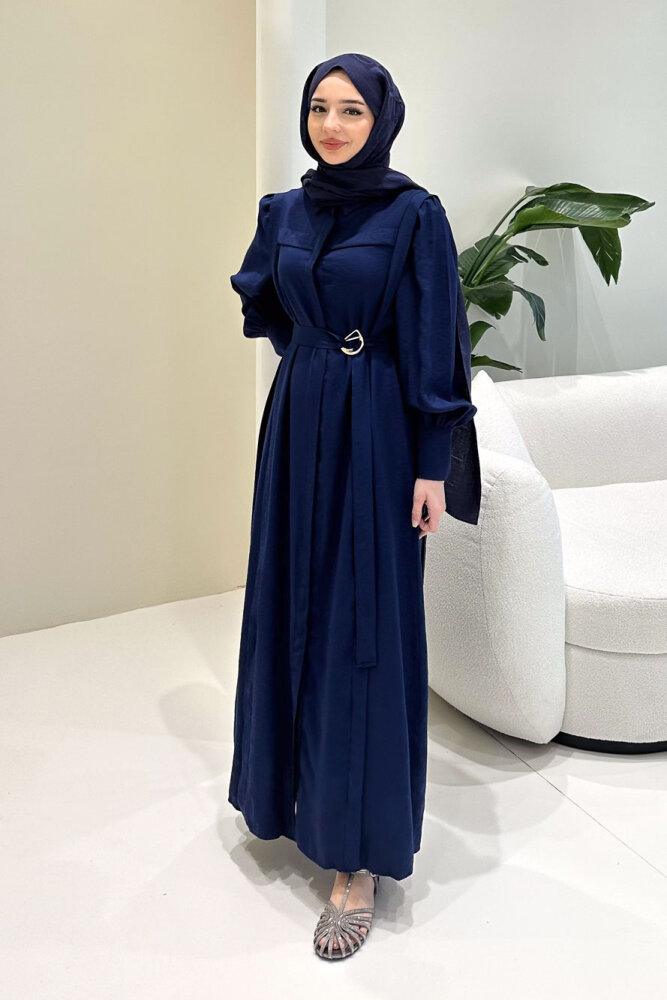 Seyyar Kemerli Pile Detaylı Elbise - Lacivert - LİNE (5)