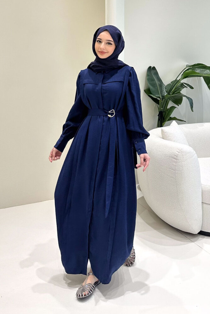 Seyyar Kemerli Pile Detaylı Elbise - Lacivert - LİNE (0)