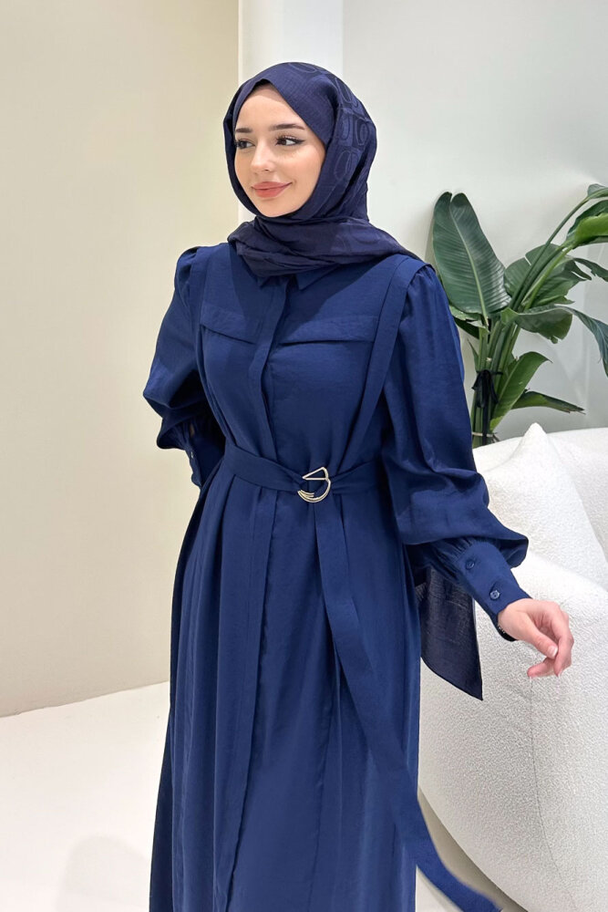 Seyyar Kemerli Pile Detaylı Elbise - Lacivert - LİNE (1)