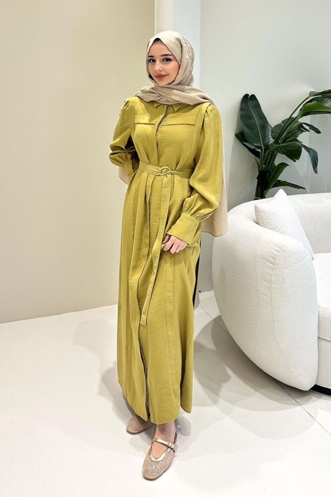 Seyyar Kemerli Pile Detaylı Elbise - Yeşil - LİNE (3)