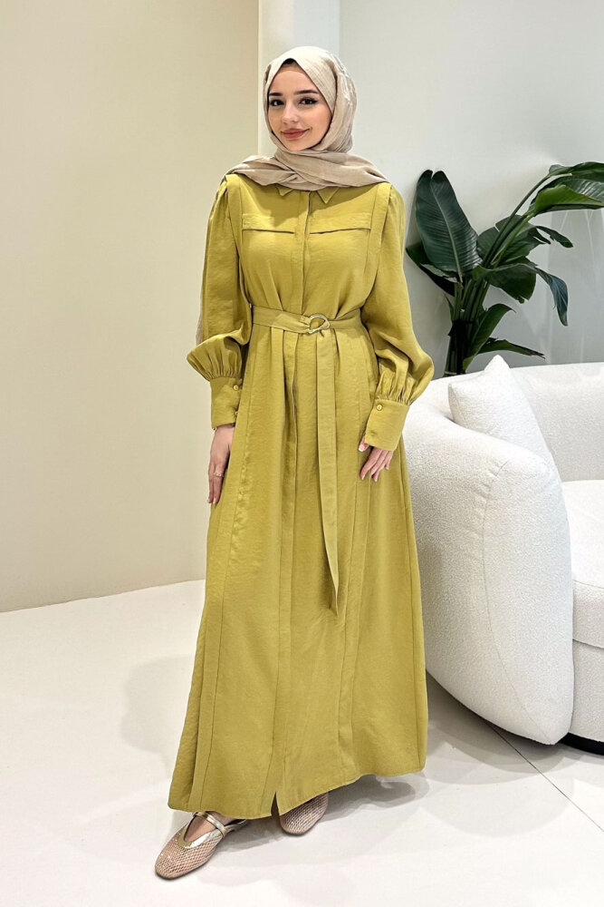 Seyyar Kemerli Pile Detaylı Elbise - Yeşil - LİNE (1)