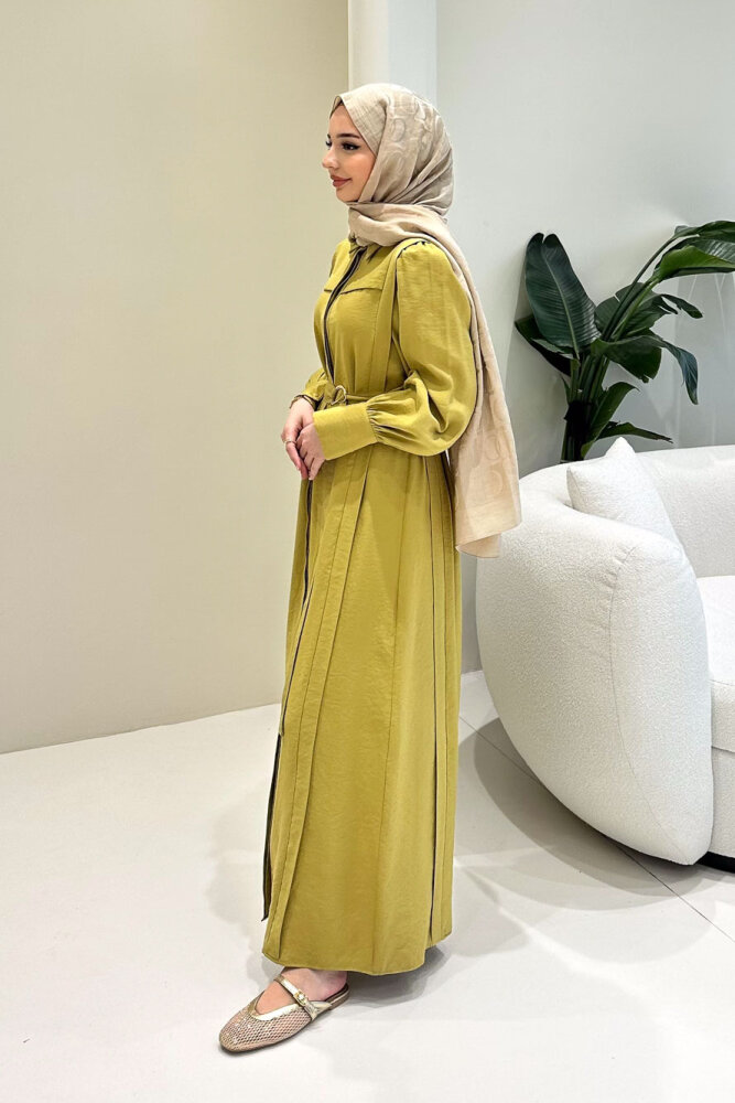 Seyyar Kemerli Pile Detaylı Elbise - Yeşil - LİNE (5)