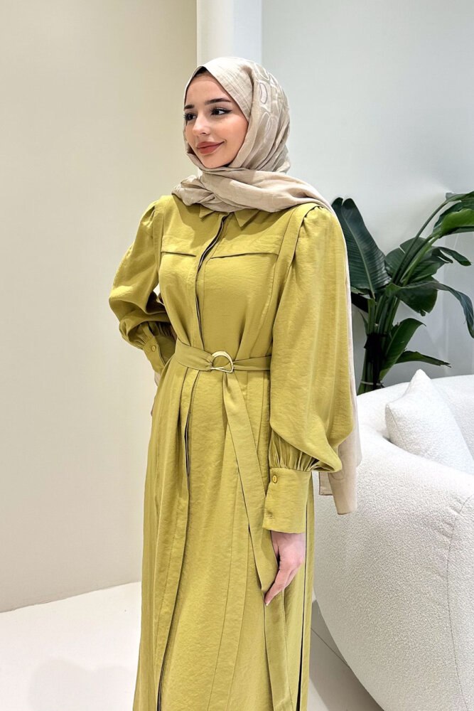 Seyyar Kemerli Pile Detaylı Elbise - Yeşil - LİNE (4)