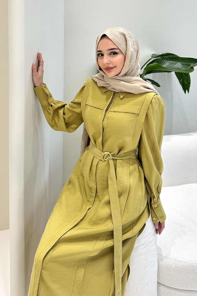 Seyyar Kemerli Pile Detaylı Elbise - Yeşil - LİNE (0)