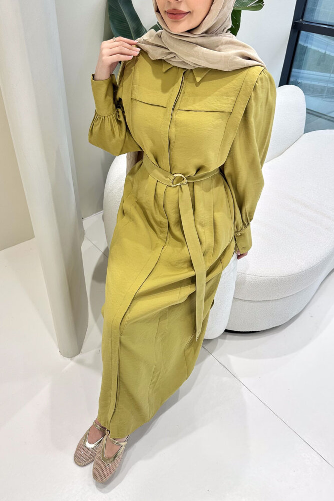 Seyyar Kemerli Pile Detaylı Elbise - Yeşil - LİNE (2)